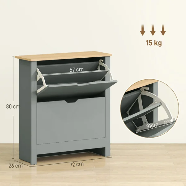 Schoenenkast Met 2 Klapvakken, Verstelbare Scheidingswand Voor 8 12 Paar Schoenen, 72 X 26 X 80 Cm, Lichtgrijs