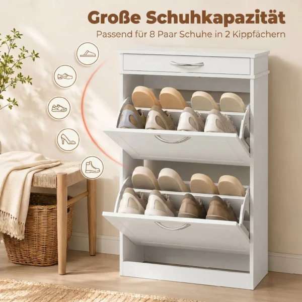 Schoenenkast Met 2 Kleppen, Smalle Schoenenkast Met Lade En Verstelbare Scheidingswanden, Voor 8 Paar Schoenen