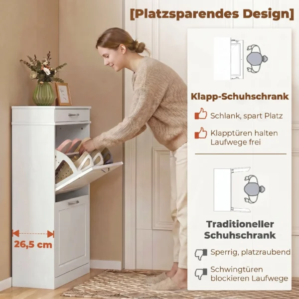 Schoenenkast Met 2 Kleppen, Smalle Schoenenkast Met Lade En Verstelbare Scheidingswanden, Voor 8 Paar Schoenen