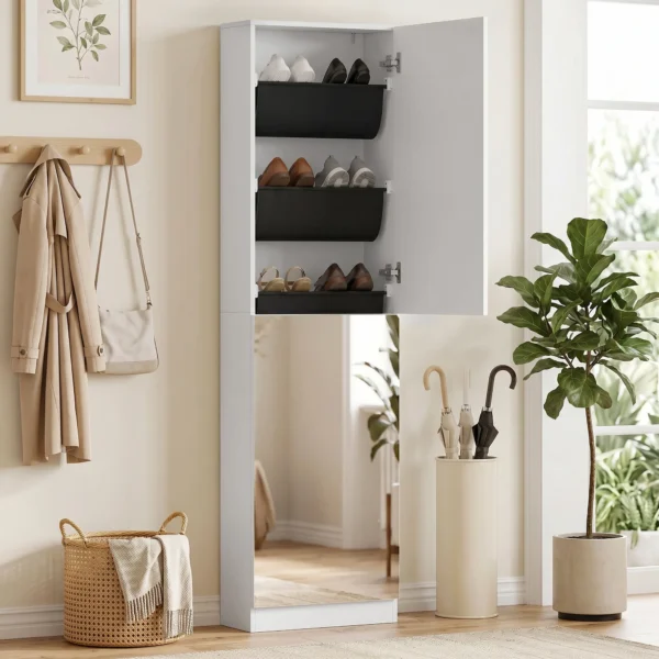 Schoenenkast Met Spiegel, 5 laags Smalle Schoenenkast Met Soft close Deuren, Voor 12 Paar, 50 X 20 X 180 Cm, Wit