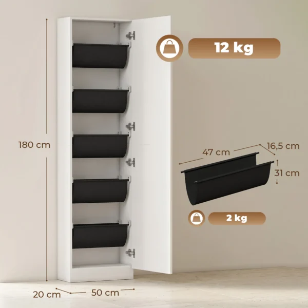Schoenenkast Met Spiegel, 5 laags Smalle Schoenenkast Met Soft close Deuren, Voor 12 Paar, 50 X 20 X 180 Cm, Wit