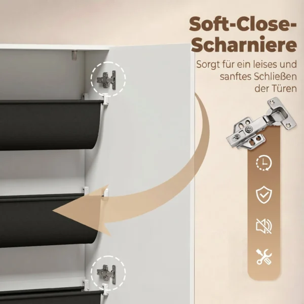 Schoenenkast Met Spiegel, 5 laags Smalle Schoenenkast Met Soft close Deuren, Voor 12 Paar, 50 X 20 X 180 Cm, Wit