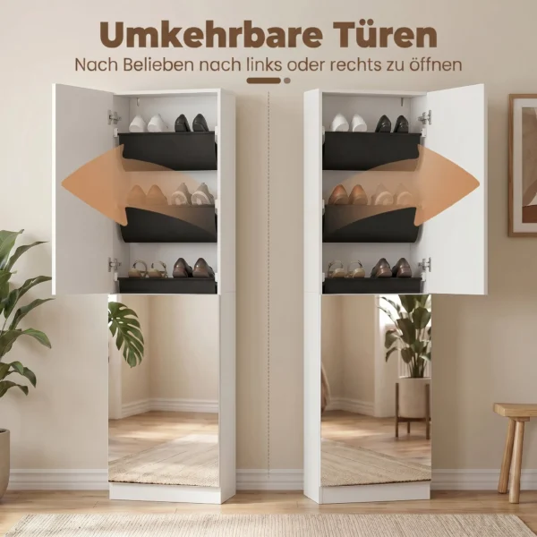 Schoenenkast Met Spiegel, 5 laags Smalle Schoenenkast Met Soft close Deuren, Voor 12 Paar, 50 X 20 X 180 Cm, Wit