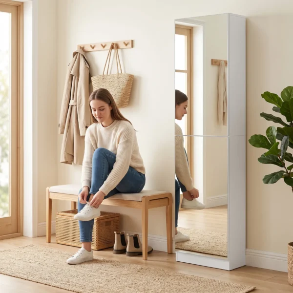 Schoenenkast Met Spiegel, 5 laags Smalle Schoenenkast Met Soft close Deuren, Voor 12 Paar, 50 X 20 X 180 Cm, Wit