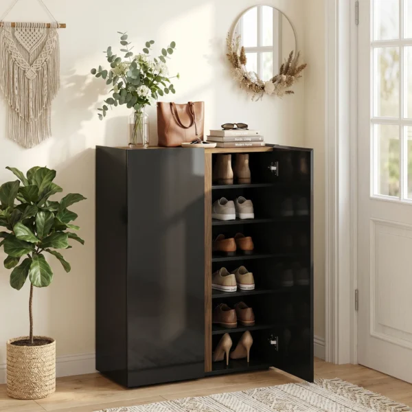 Schoenenkast Met Stille Veiligheidsopening, 6 Niveaus, Greeploos Ontwerp, Hoogglans Zwart