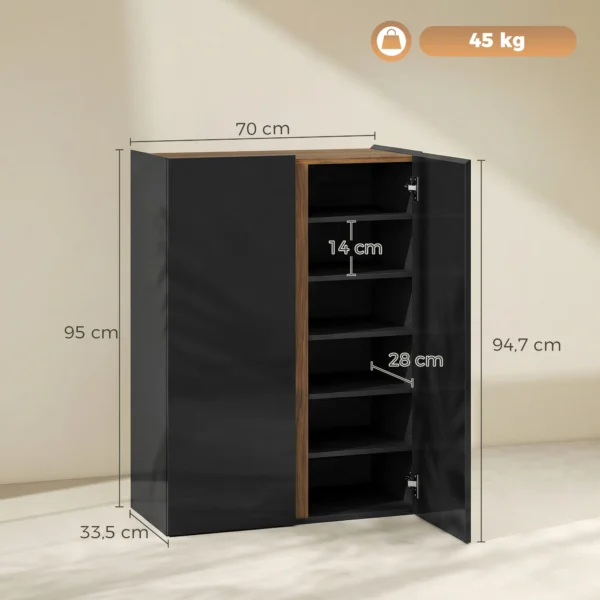 Schoenenkast Met Stille Veiligheidsopening, 6 Niveaus, Greeploos Ontwerp, Hoogglans Zwart