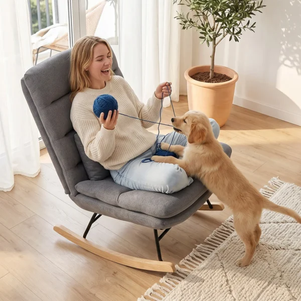 Schommelstoel Met Linnenlook, Lendenkussen, Hoge Rugleuning, Brede Zitting, Dubbele Bekleding, Lichtgrijs
