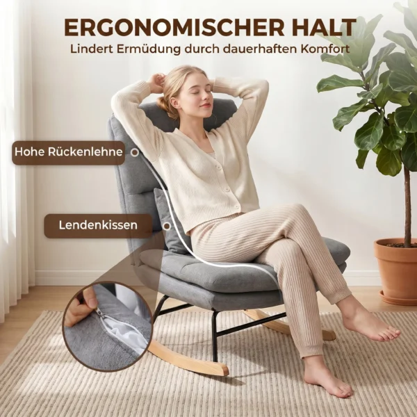 Schommelstoel Met Linnenlook, Lendenkussen, Hoge Rugleuning, Brede Zitting, Dubbele Bekleding, Lichtgrijs