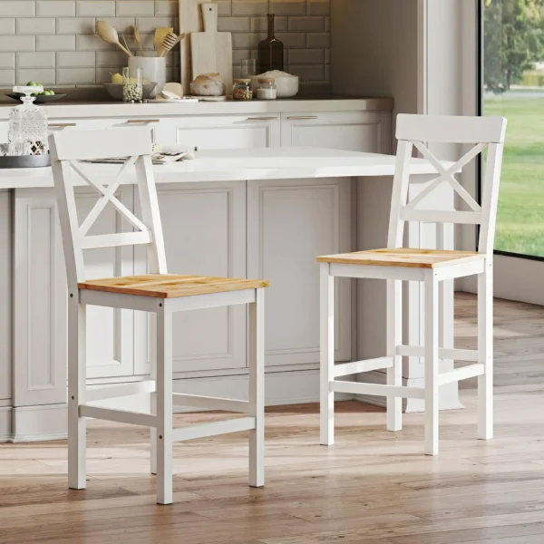 Set Van 2 Barkrukken Gemaakt Van Grenenhout Met Voetensteun, Rugleuning, Landhuisstijl Voor Keuken, Woonkamer, Natuur