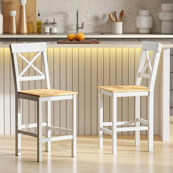 Set Van 2 Barkrukken Gemaakt Van Grenenhout Met Voetensteun, Rugleuning, Landhuisstijl Voor Keuken, Woonkamer, Natuur