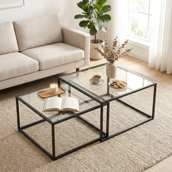 Set Van 2 Salontafels Met Gehard Glazen Blad En Metalen Frame, Voor Woonkamer Zwart