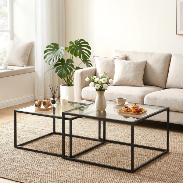 Set Van 2 Salontafels Met Gehard Glazen Blad En Metalen Frame, Voor Woonkamer Zwart