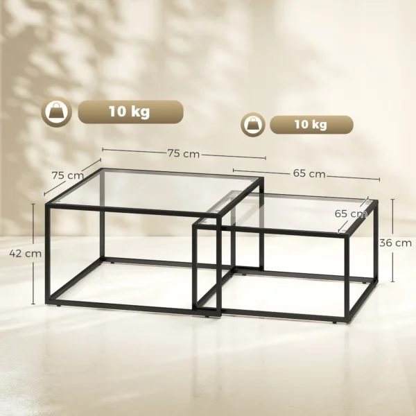 Set Van 2 Salontafels Met Gehard Glazen Blad En Metalen Frame, Voor Woonkamer Zwart