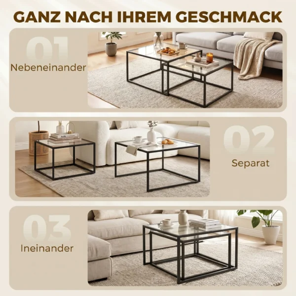 Set Van 2 Salontafels Met Gehard Glazen Blad En Metalen Frame, Voor Woonkamer Zwart