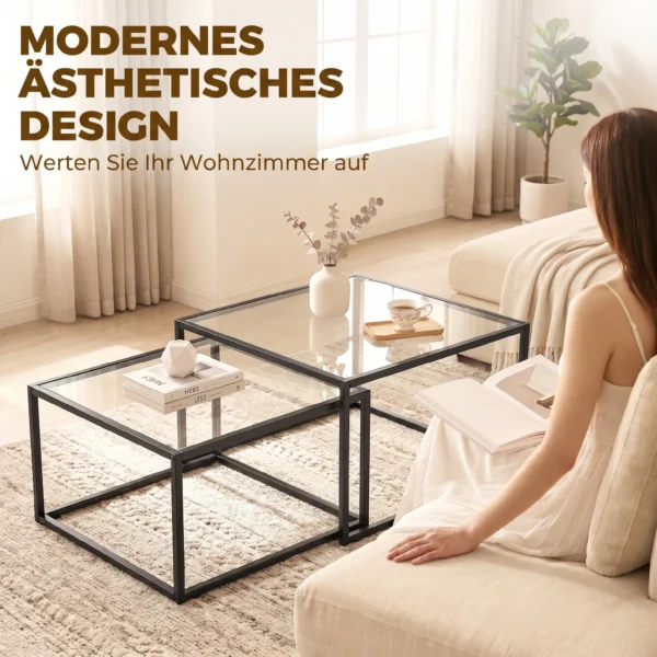 Set Van 2 Salontafels Met Gehard Glazen Blad En Metalen Frame, Voor Woonkamer Zwart