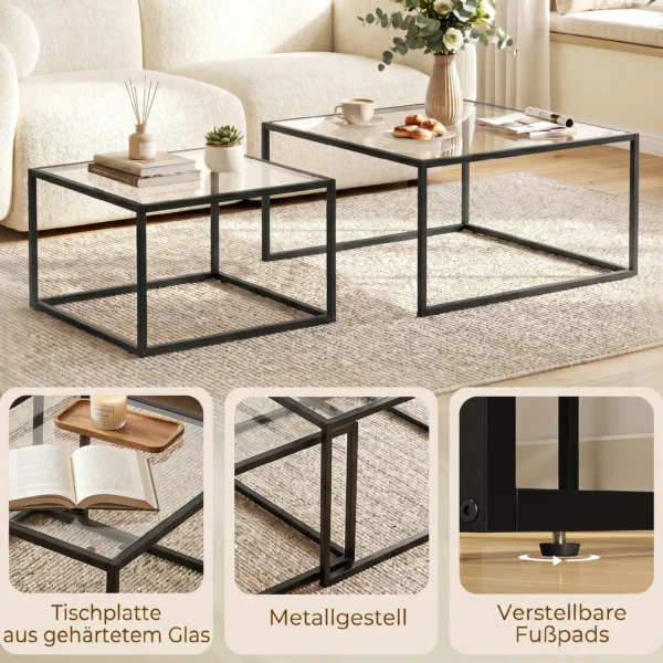 Set Van 2 Salontafels Met Gehard Glazen Blad En Metalen Frame, Voor Woonkamer Zwart