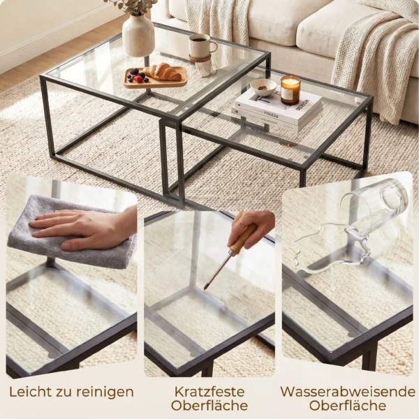 Set Van 2 Salontafels Met Gehard Glazen Blad En Metalen Frame, Voor Woonkamer Zwart