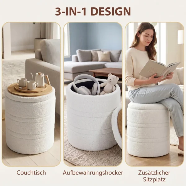 Sherpa Opbergkruk Met Omkeerbaar Deksel, Ronde Zitkruk Voor Woonkamer & Slaapkamer, Wit