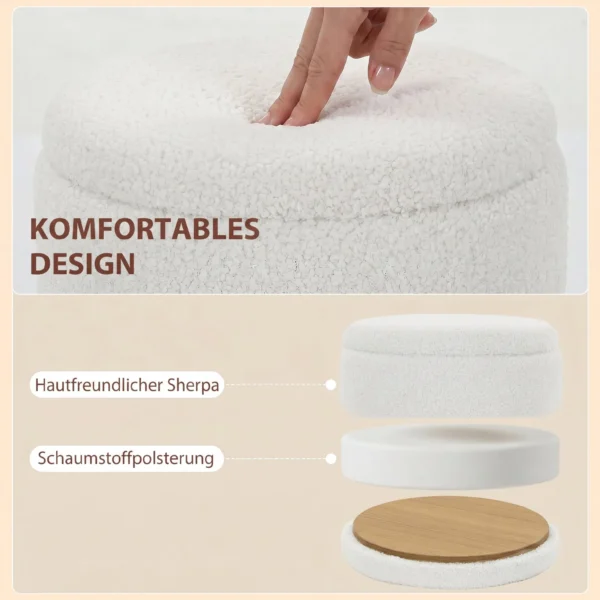 Sherpa Opbergkruk Met Omkeerbaar Deksel, Ronde Zitkruk Voor Woonkamer & Slaapkamer, Wit