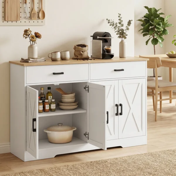 Sideboard Buffetkast, 140 Cm Boerderij Keukenkast Met 2 Lades En 2 Kasten, Wit