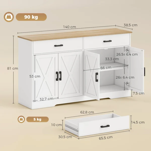 Sideboard Buffetkast, 140 Cm Boerderij Keukenkast Met 2 Lades En 2 Kasten, Wit