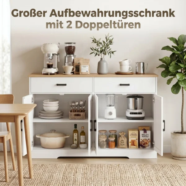 Sideboard Buffetkast, 140 Cm Boerderij Keukenkast Met 2 Lades En 2 Kasten, Wit