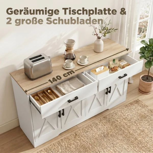 Sideboard Buffetkast, 140 Cm Boerderij Keukenkast Met 2 Lades En 2 Kasten, Wit