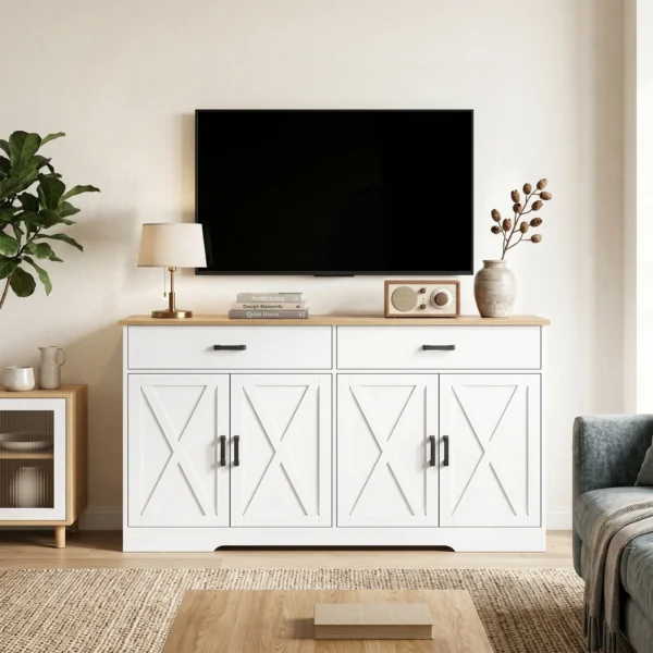 Sideboard Buffetkast, 140 Cm Boerderij Keukenkast Met 2 Lades En 2 Kasten, Wit