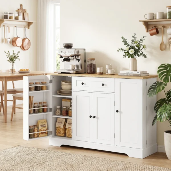 Sideboard Keukenkast Met 4 Deuren, Lade, Verstelbaar Rek, Deurrekken Voor Keuken, Eetkamer, 138x40x85cm, Wit
