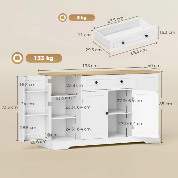 Sideboard Keukenkast Met 4 Deuren, Lade, Verstelbaar Rek, Deurrekken Voor Keuken, Eetkamer, 138x40x85cm, Wit