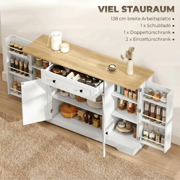 Sideboard Keukenkast Met 4 Deuren, Lade, Verstelbaar Rek, Deurrekken Voor Keuken, Eetkamer, 138x40x85cm, Wit