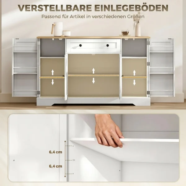 Sideboard Keukenkast Met 4 Deuren, Lade, Verstelbaar Rek, Deurrekken Voor Keuken, Eetkamer, 138x40x85cm, Wit