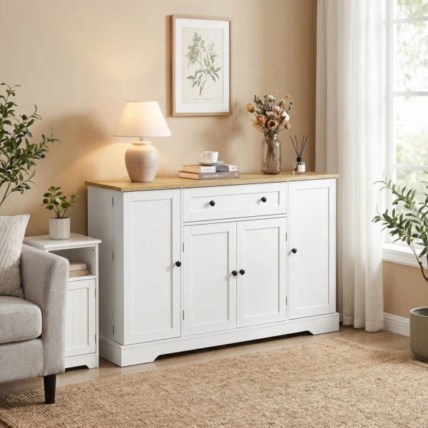 Sideboard Keukenkast Met 4 Deuren, Lade, Verstelbaar Rek, Deurrekken Voor Keuken, Eetkamer, 138x40x85cm, Wit