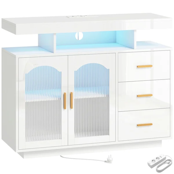 Sideboard Met LED verlichting, Ingebouwde Stopcontacten, 3 Lades, Planken En 2 Acryldeuren, Hoogglans Wit