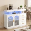 Sideboard Met LED verlichting, Ingebouwde Stopcontacten, 3 Lades, Planken En 2 Acryldeuren, Hoogglans Wit