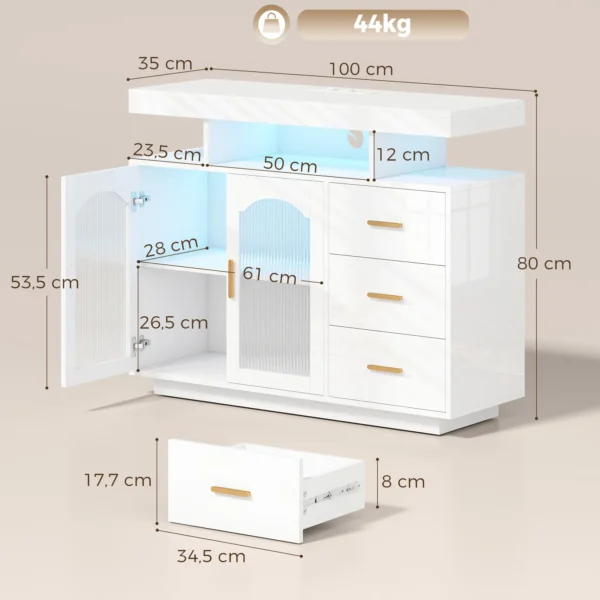 Sideboard Met LED verlichting, Ingebouwde Stopcontacten, 3 Lades, Planken En 2 Acryldeuren, Hoogglans Wit
