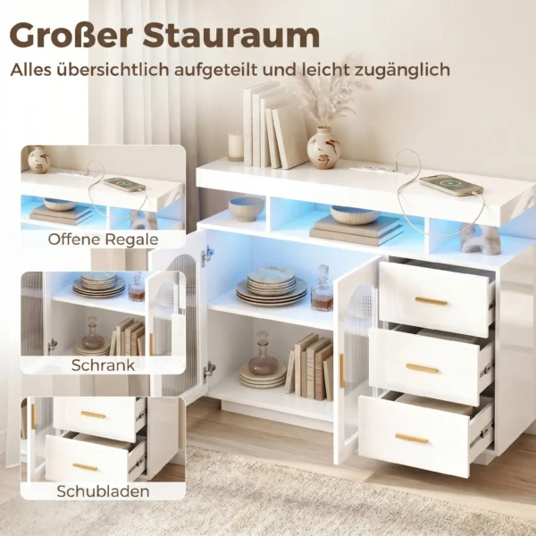 Sideboard Met LED verlichting, Ingebouwde Stopcontacten, 3 Lades, Planken En 2 Acryldeuren, Hoogglans Wit