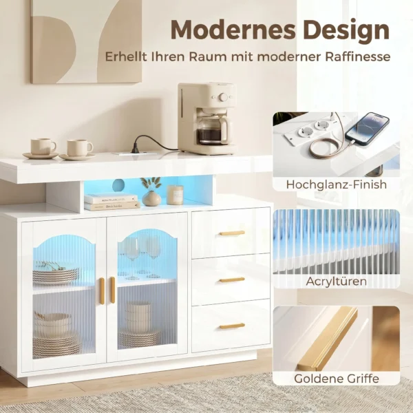 Sideboard Met LED verlichting, Ingebouwde Stopcontacten, 3 Lades, Planken En 2 Acryldeuren, Hoogglans Wit
