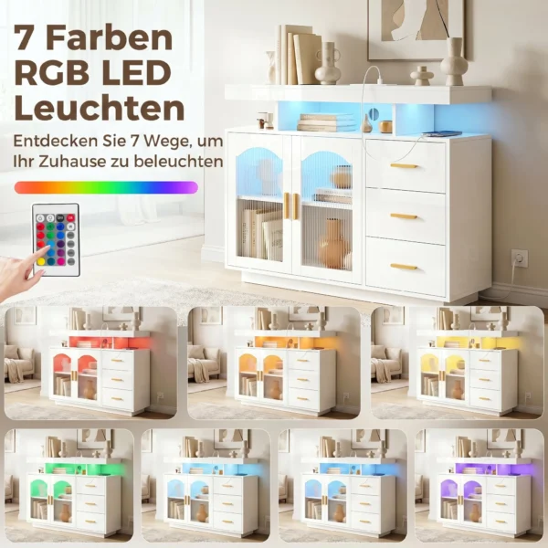 Sideboard Met LED verlichting, Ingebouwde Stopcontacten, 3 Lades, Planken En 2 Acryldeuren, Hoogglans Wit