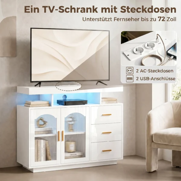 Sideboard Met LED verlichting, Ingebouwde Stopcontacten, 3 Lades, Planken En 2 Acryldeuren, Hoogglans Wit