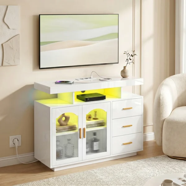 Sideboard Met LED verlichting, Ingebouwde Stopcontacten, 3 Lades, Planken En 2 Acryldeuren, Hoogglans Wit