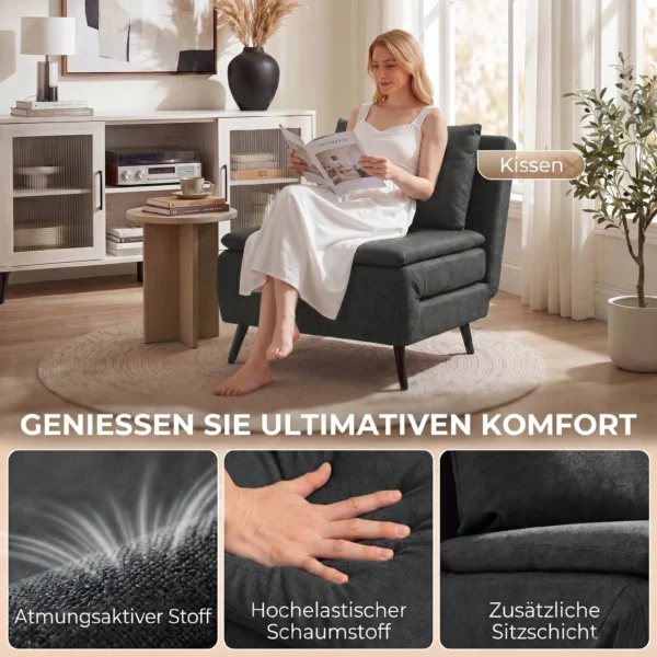 Slaapstoel, 3 in 1 Opvouwbare Linnen Slaapstoel Met Verstelbare Rugleuning, S veren, Metalen Poten, Donkergrijs