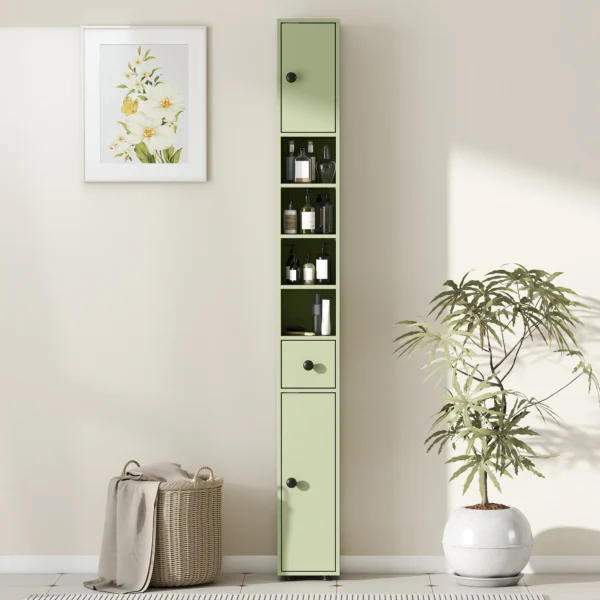 Smalle Badkamerkast Met Lade En 4 Open Vakken Voor Kleine Ruimtes 20 X 20 X 180 Cm Groen