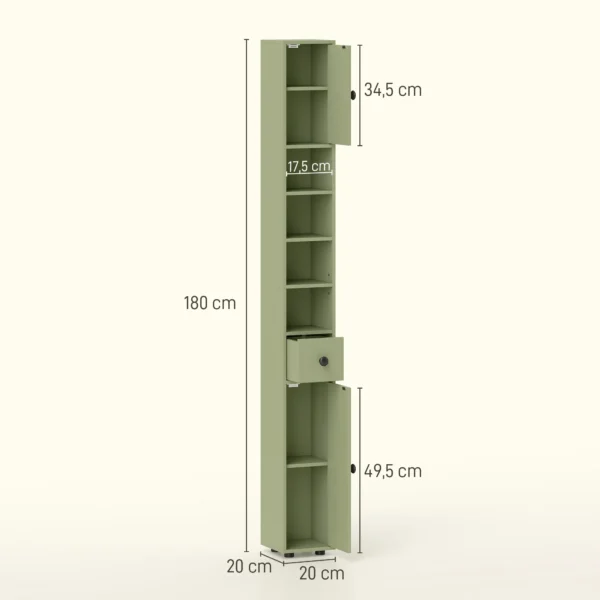 Smalle Badkamerkast Met Lade En 4 Open Vakken Voor Kleine Ruimtes 20 X 20 X 180 Cm Groen