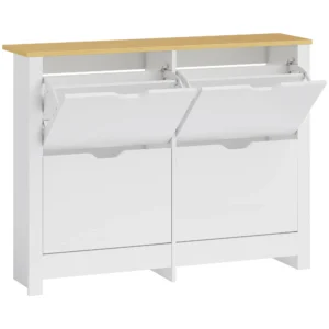 Smalle Schoenenkast Met 4 Klapvakken Voor 8 16 Paar Schoenen, 105 X 26 X 80 Cm, Wit+Natuur