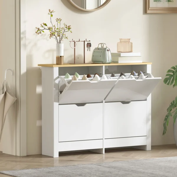 Smalle Schoenenkast Met 4 Klapvakken Voor 8 16 Paar Schoenen, 105 X 26 X 80 Cm, Wit+Natuur