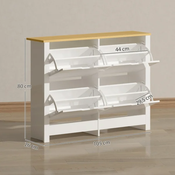 Smalle Schoenenkast Met 4 Klapvakken Voor 8 16 Paar Schoenen, 105 X 26 X 80 Cm, Wit+Natuur