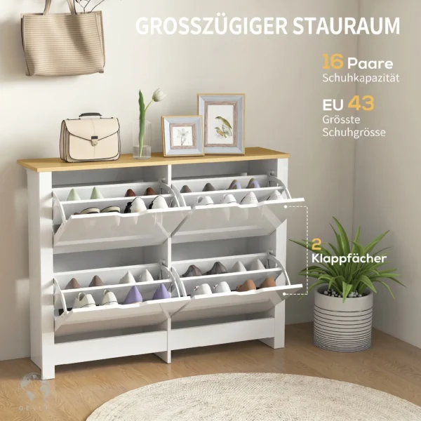 Smalle Schoenenkast Met 4 Klapvakken Voor 8 16 Paar Schoenen, 105 X 26 X 80 Cm, Wit+Natuur