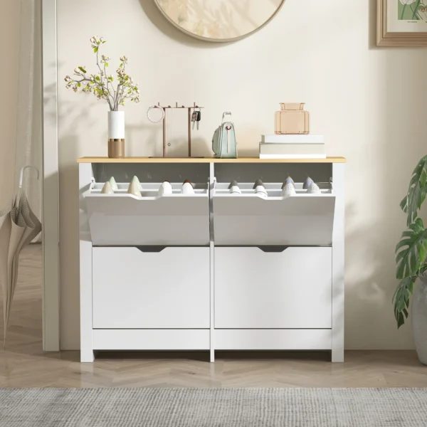 Smalle Schoenenkast Met 4 Klapvakken Voor 8 16 Paar Schoenen, 105 X 26 X 80 Cm, Wit+Natuur