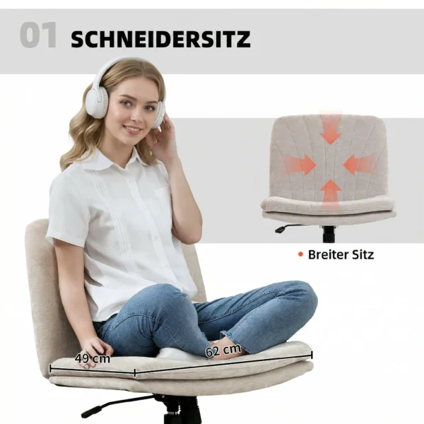 Thuiswerkstoel Bureaustoel Met Linnenlook, In Hoogte Verstelbaar, Kleermakersstoel Draaistoel Met Kantelfunctie, Beige